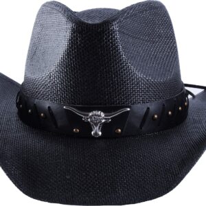 Western Outback Cowboy Hat Men's Women's Style Straw Felt Canvas (Black Bull)