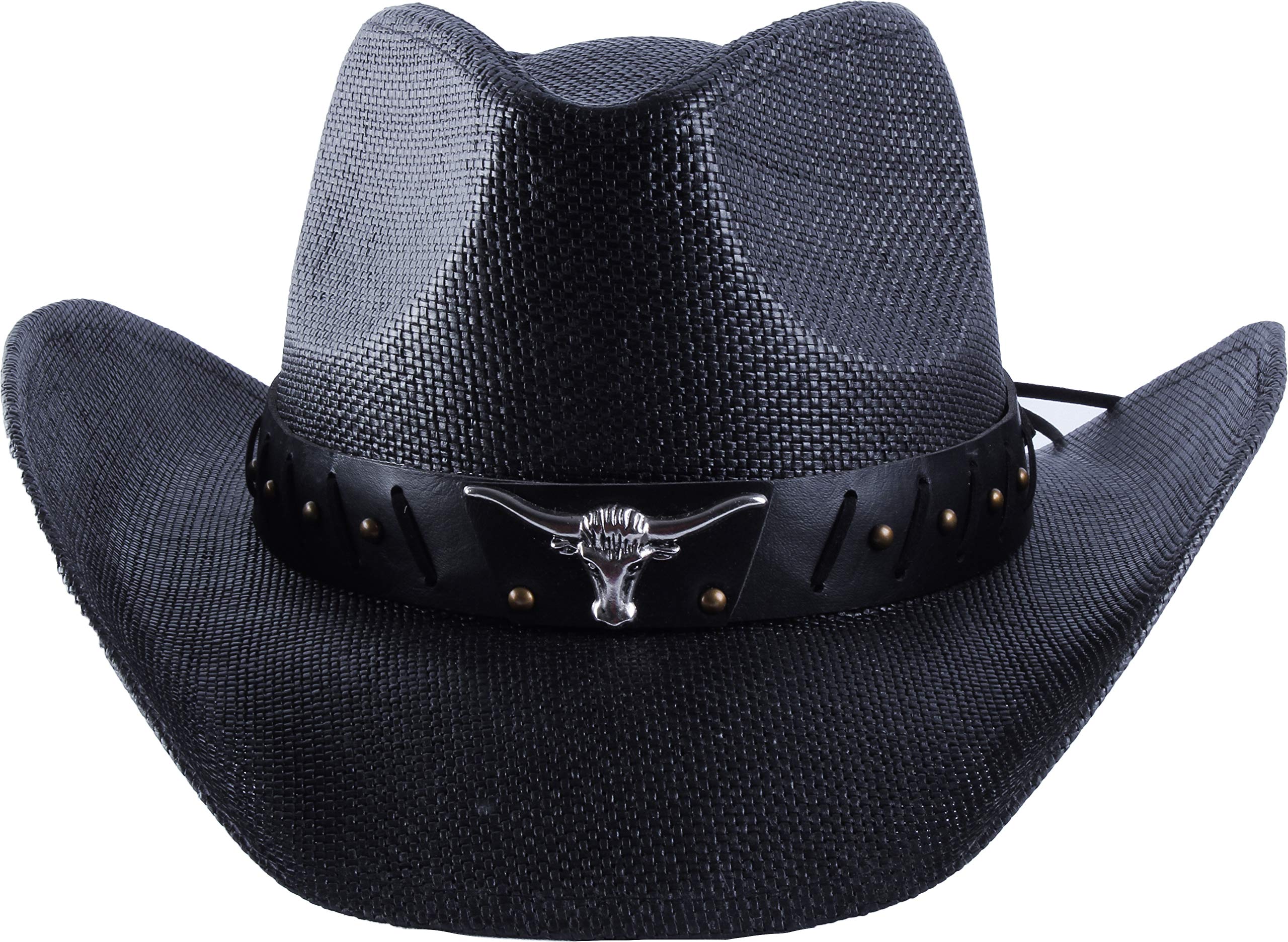 Western Outback Cowboy Hat Men's Women's Style Straw Felt Canvas (Black Bull)