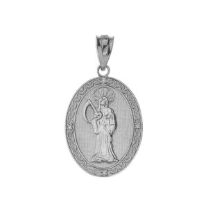 Fine 925 Sterling Silver CZ-Accented Santa Muerte (Grim Reaper) Oval Medal Pendant, 1.2"