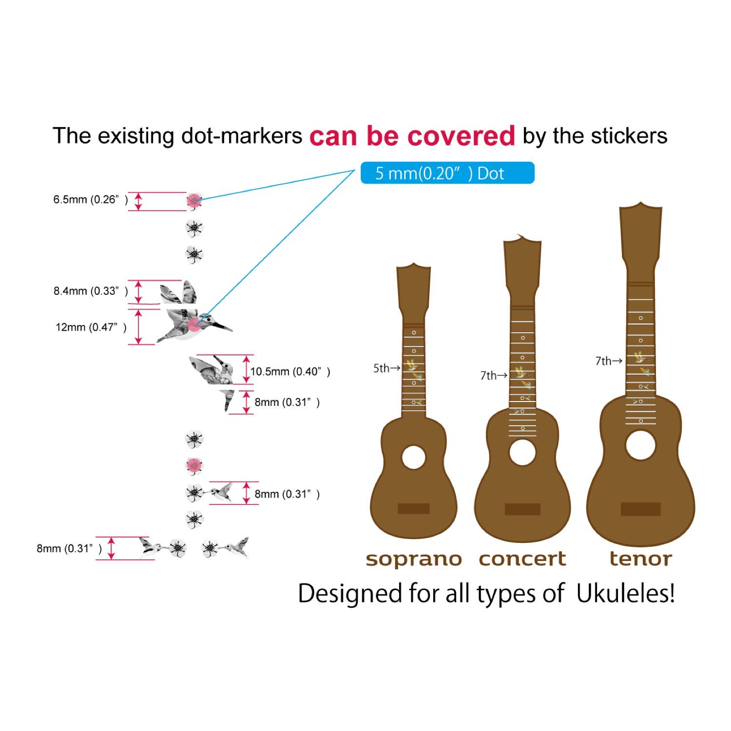 Bee Hummingbirds - Fret Markers Inlay Stickers Decals for Ukuleles