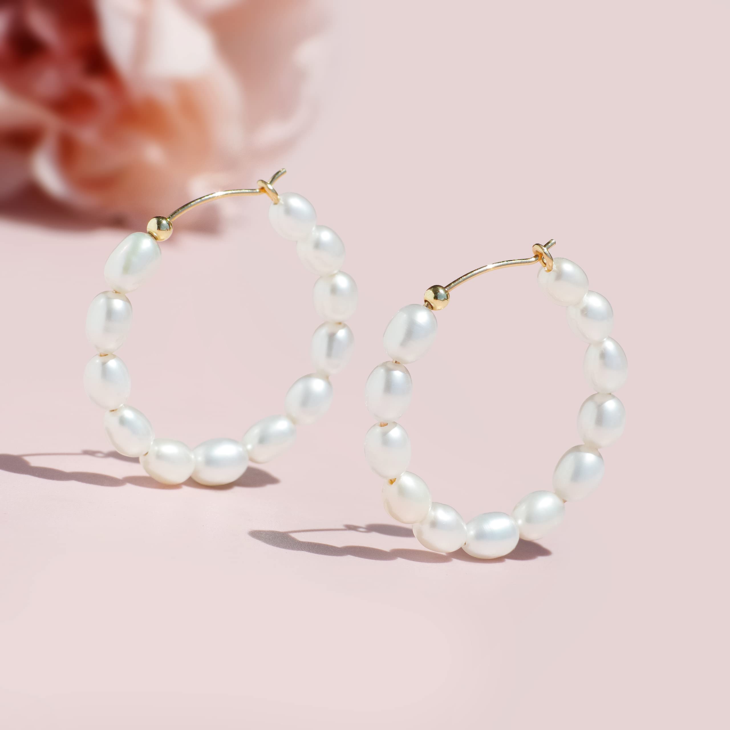 Pearl Hoop Earrings for Women 14K Gold Filled White Small Freshwater Cultured Real Pearl Hoop Earrings COMOTO Jewelry