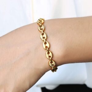 Trendsmax 7mm Coffee Beans Link Chain Bracelet Gold Plated Stainless Steel Twisted Rope Chain Bracelet for Men Women 7inch