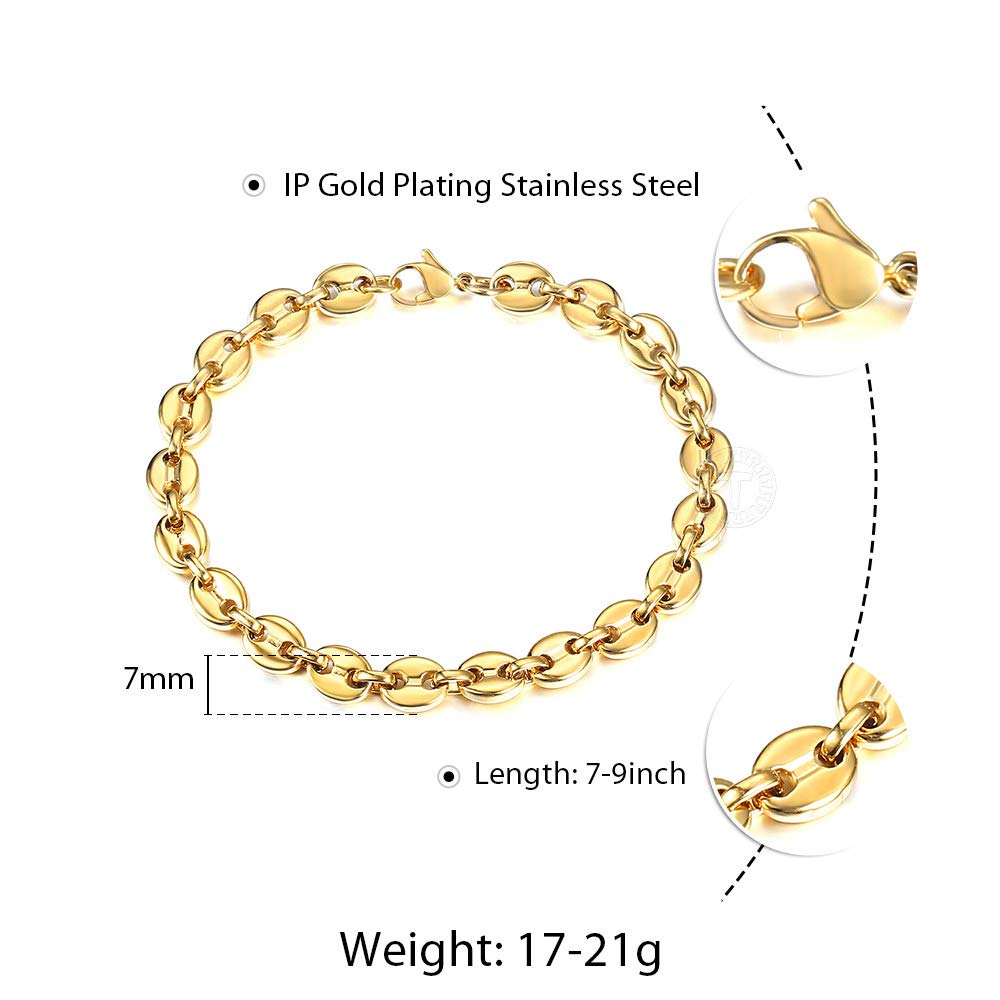 Trendsmax 7mm Coffee Beans Link Chain Bracelet Gold Plated Stainless Steel Twisted Rope Chain Bracelet for Men Women 7inch