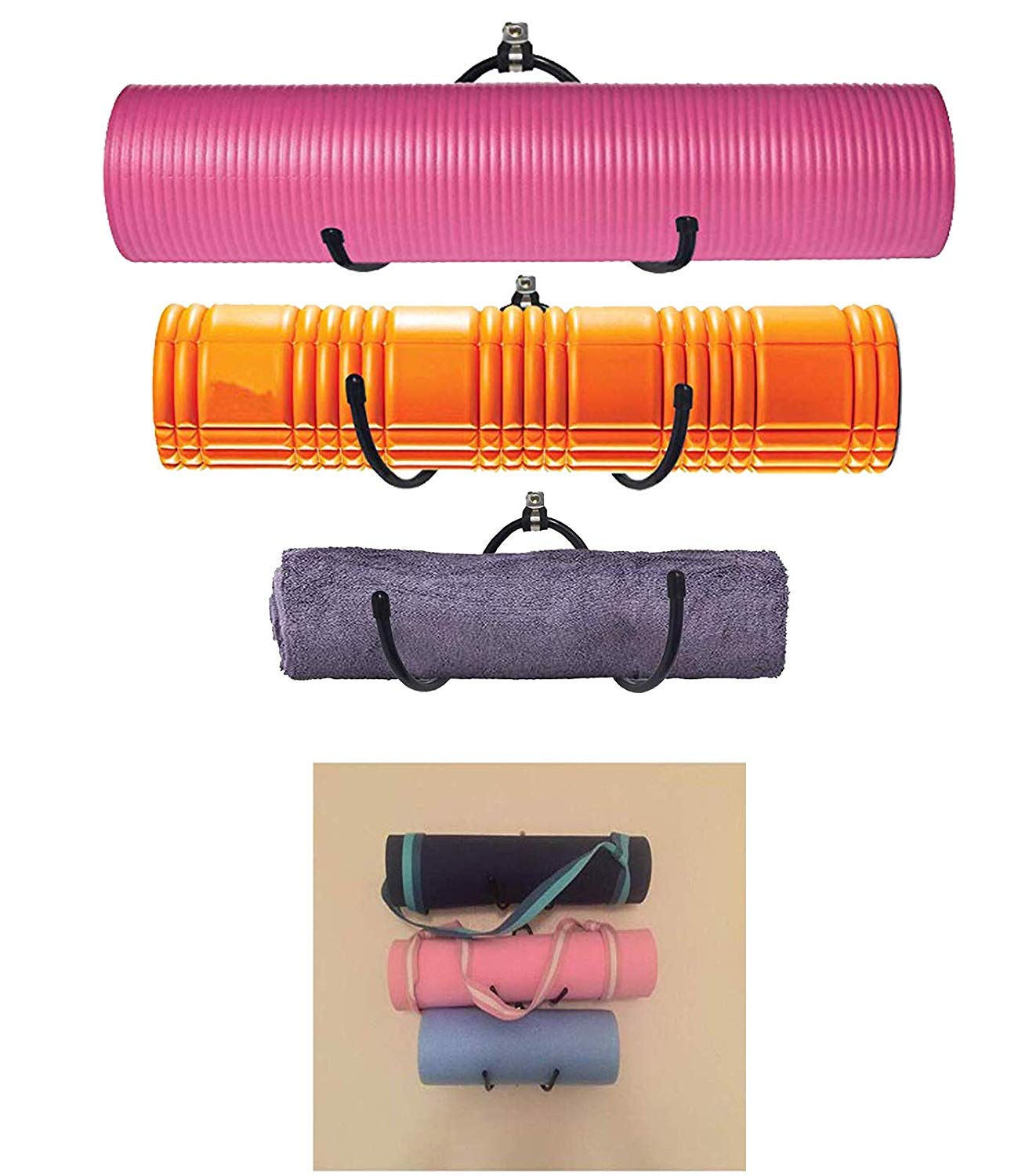 AUXPhome 3 Pack Wall Mount Foam Roller Holder and Yoga Mat Storage and Towel Rack - Flexible Adjustable Hooks - Ideal for Home, Small Studio,Fitness Class or Commercial use