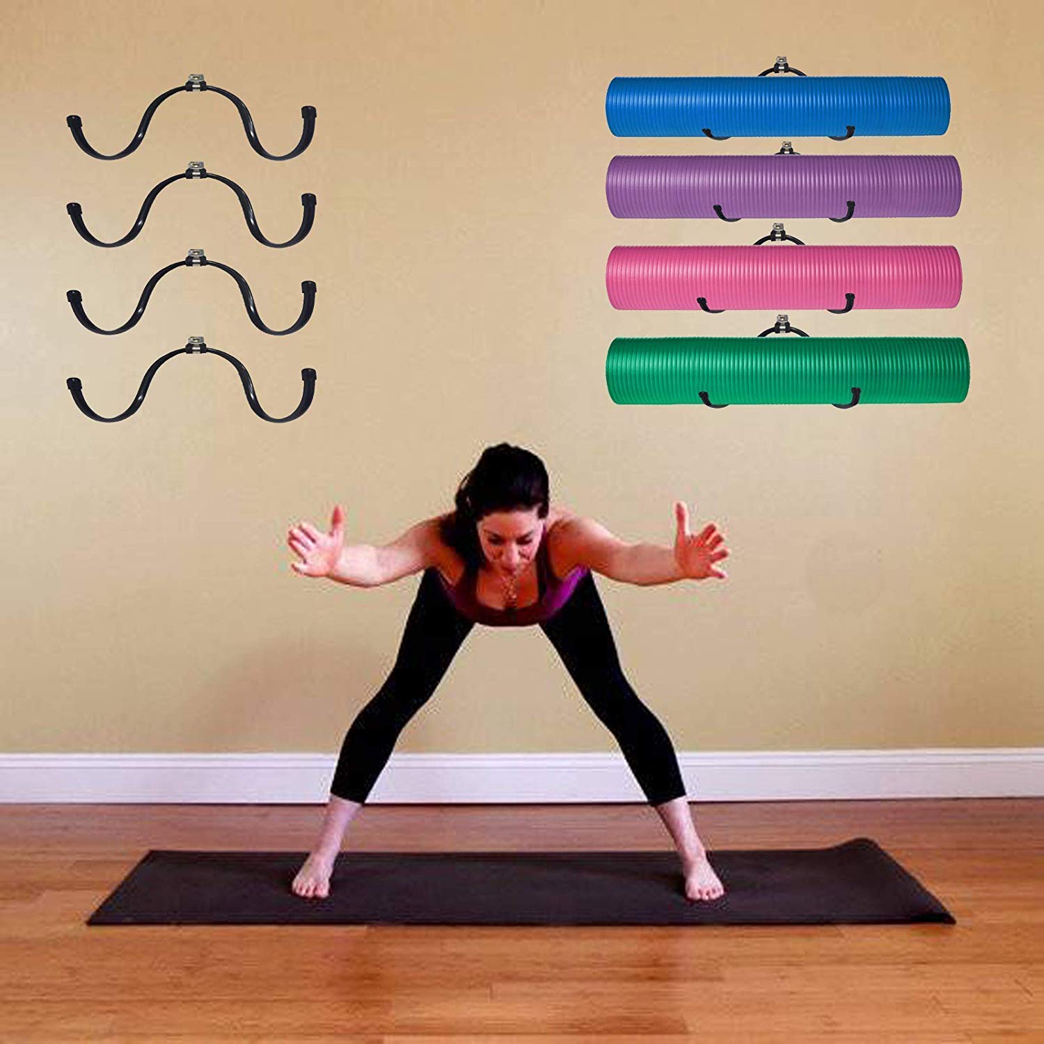 AUXPhome 3 Pack Wall Mount Foam Roller Holder and Yoga Mat Storage and Towel Rack - Flexible Adjustable Hooks - Ideal for Home, Small Studio,Fitness Class or Commercial use