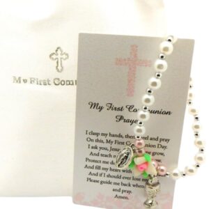 First Communion Rosary Bracelet Rose Stretch Wrist Fashion for Girls with Holy Prayer Card and Bag Gift Set