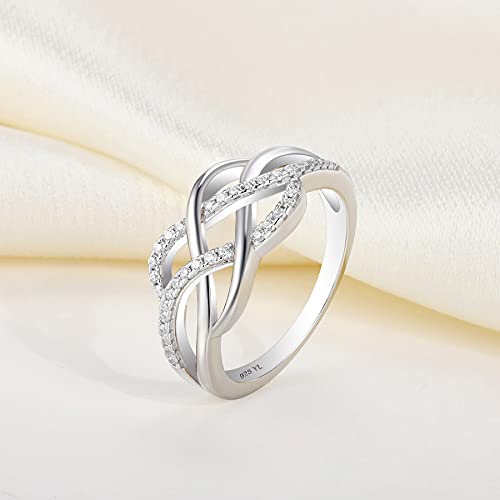 YL Celtic Knot Rings 925 Sterling Silver Twisted Knot Ring 18k White Gold Plated Cubic Zirconia Infinity Statement Rings-size7