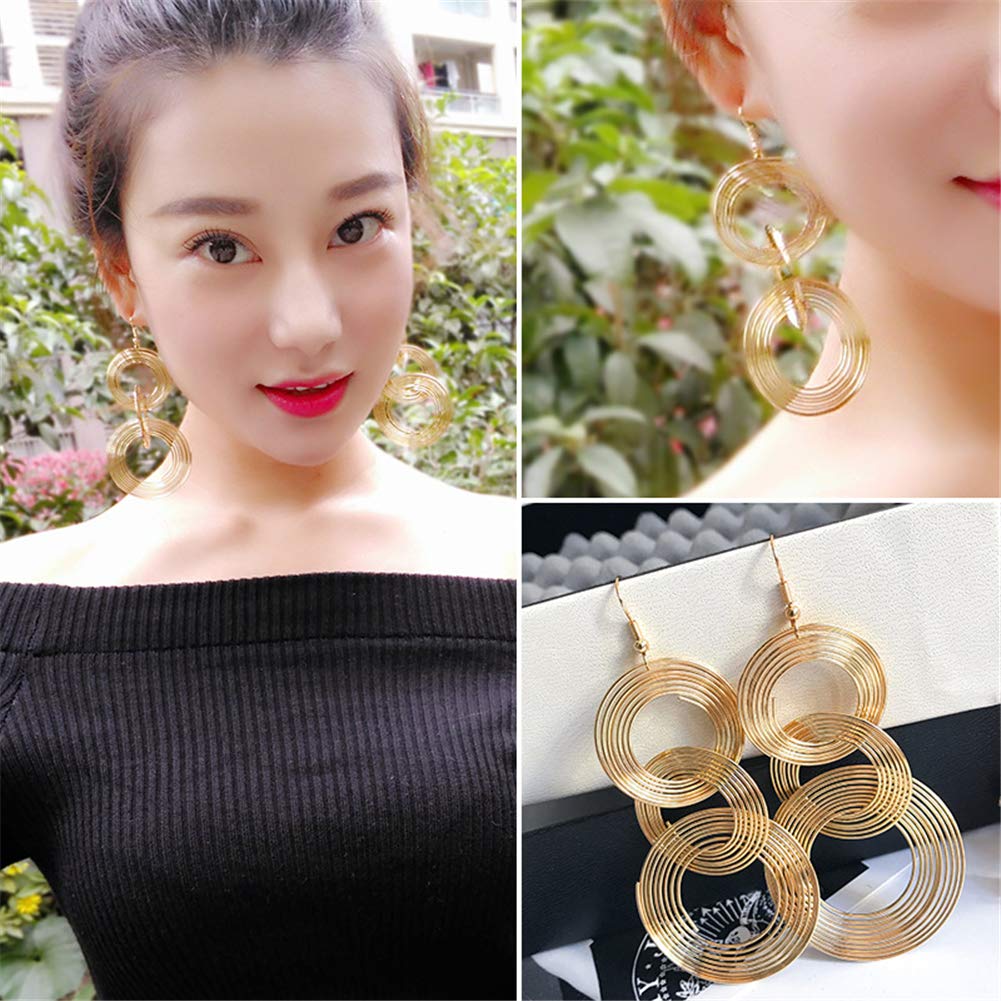 Women Gold Plated Long 70s Disco Earrings hoop round 3 circles Multi-layer drop big alloy geometric party wear Earring (disco earrings Gold)