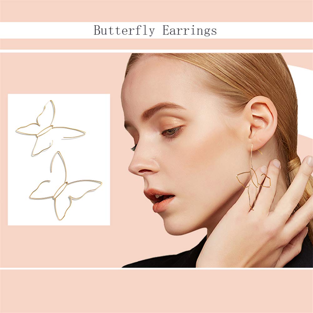 Large Boho Hollow Line Butterfly Earrings Gold Drop Dangle Beach Earrings Simple Stylish Dainty Pendant Silver Hoop Earrings for Women (Gold)