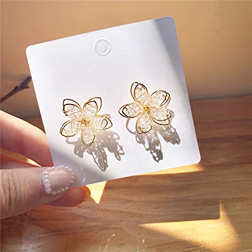 Unique Boho Handmade Chic White Hollow Crystal Double Layer Flower Stud Earrings Summer Beach Vacation Floral Earrings for Women (Gold)