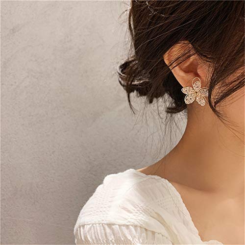 Unique Boho Handmade Chic White Hollow Crystal Double Layer Flower Stud Earrings Summer Beach Vacation Floral Earrings for Women (Gold)