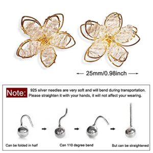 Unique Boho Handmade Chic White Hollow Crystal Double Layer Flower Stud Earrings Summer Beach Vacation Floral Earrings for Women (Gold)