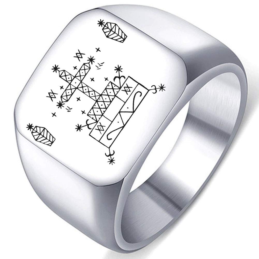 Dacai Engraved Silver Loa Veve of Baron Samedi Stainless Steel Men's Womens Black Magic Healing Ring