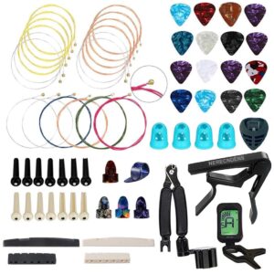 66pcs guitar accessories kit, acoustic guitar changing tool, including acoustic strings, guitar picks, capo, string winder&cutter, tuner, guitar bones,for guitar players and guitar beginners