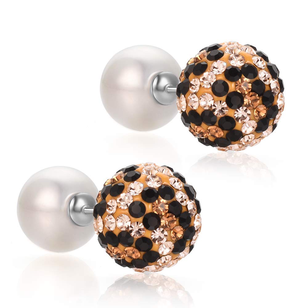 Pearl Crystal Double sided Stud Front Back Earrings for Women Silver 10mm Leopard-Print Can Displace