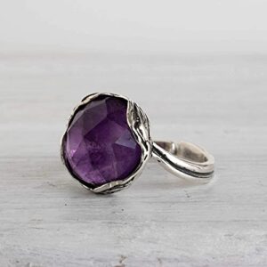 925 Sterling Silver Natural Amethyst Ring - Vintage Style Aquarius February Birthstone, Genuine Purple Gemstone Adjustable Ring - Handmade Jewelry For Her - Elegant Sizable Boho Ring - Gift For Women