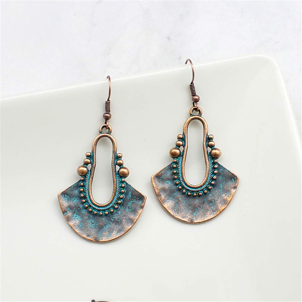 Boho Chic Handmade Hollow Shield Shape with Hammered Drop Earrings Vintage Statement Dangle Earring For Women (Bronze)