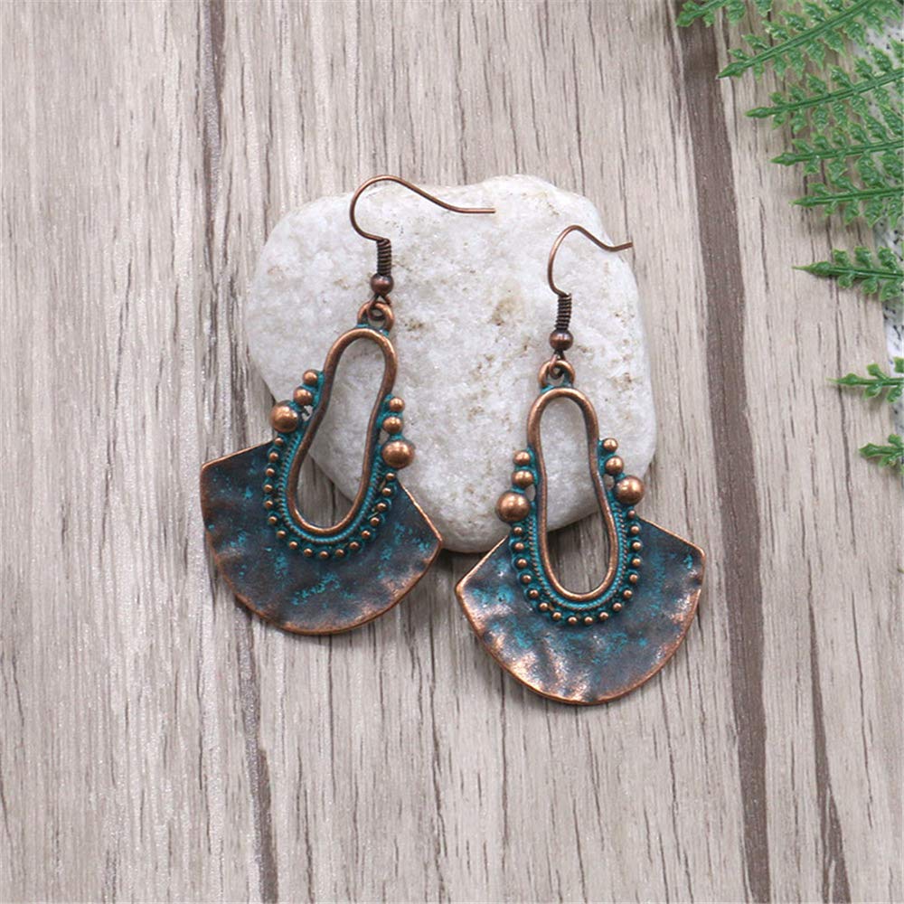 Boho Chic Handmade Hollow Shield Shape with Hammered Drop Earrings Vintage Statement Dangle Earring For Women (Bronze)