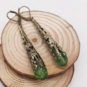 Indian Ethnic Vintage Silver Crystal Teardrop Dangle Drop Earrings Boho Gypsy Retro Rhinestone Hook Earrings for Women Love Gift (Green)