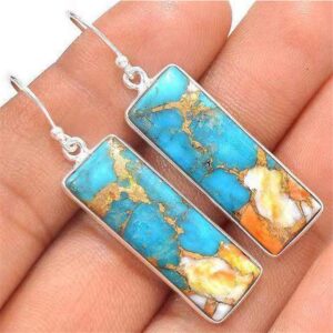 Unique Indian Ethnic Turquoise Square Dangle Drop Earrings Boho Gypsy Retro Colorful Geometric Bar Vintage Silver Hook Earrings for Women (Blue)