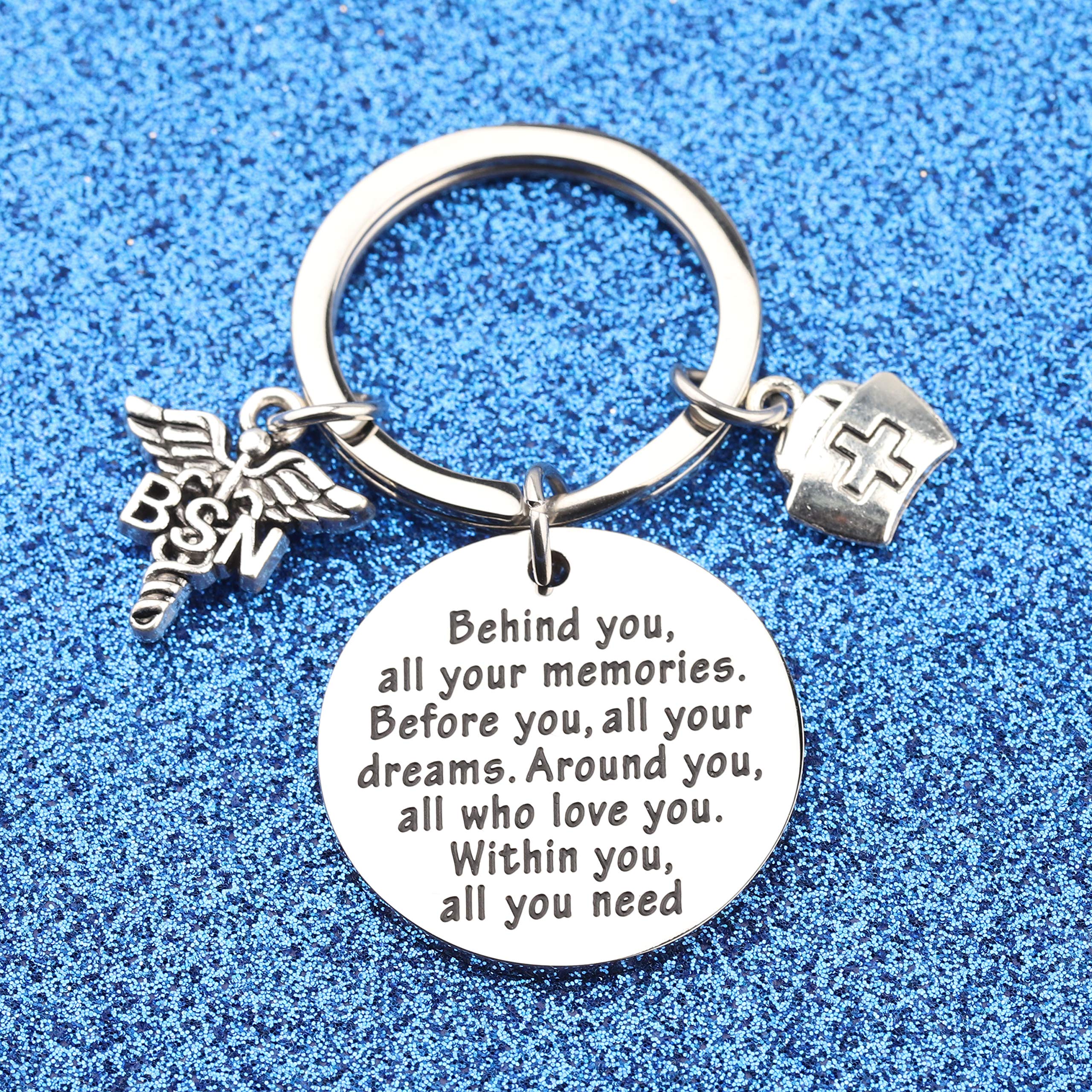 FEELMEM BSN Keychain BSN Bachelor of Science Nursing Gifts Behind You All Memories Before You All Your Dream BSN Graduation Gift for Women (BSN Keychain)