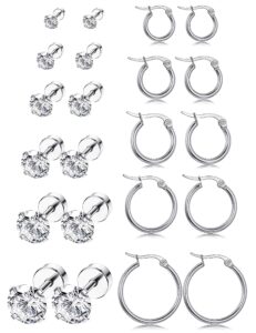 loyallook 11pairs stainless steel ear stud piercing hoop earrings set cute huggie earrings cubic zirconia cartilage barbell stud earring screw flat back earrings