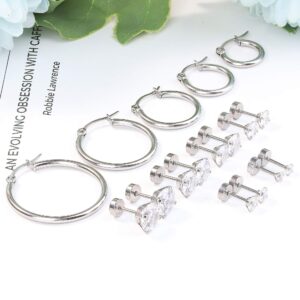 LOYALLOOK 11Pairs Stainless Steel Ear Stud Piercing Hoop Earrings Set Cute Huggie Earrings Cubic Zirconia Cartilage Barbell Stud Earring Screw Flat Back Earrings