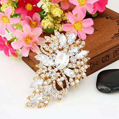 EVER FAITH Women's Bridal Corsage Rhinestone Crystal Wedding Flower Leaf Bouquet Brooch Clear Gold-Tone