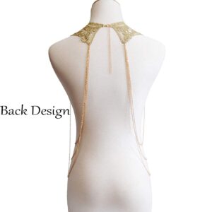 CanB Gold Body Chain Lace Harness Chest Chain Shoulder Necklace Rave Body Jewelry for Women and Girls (Style1)