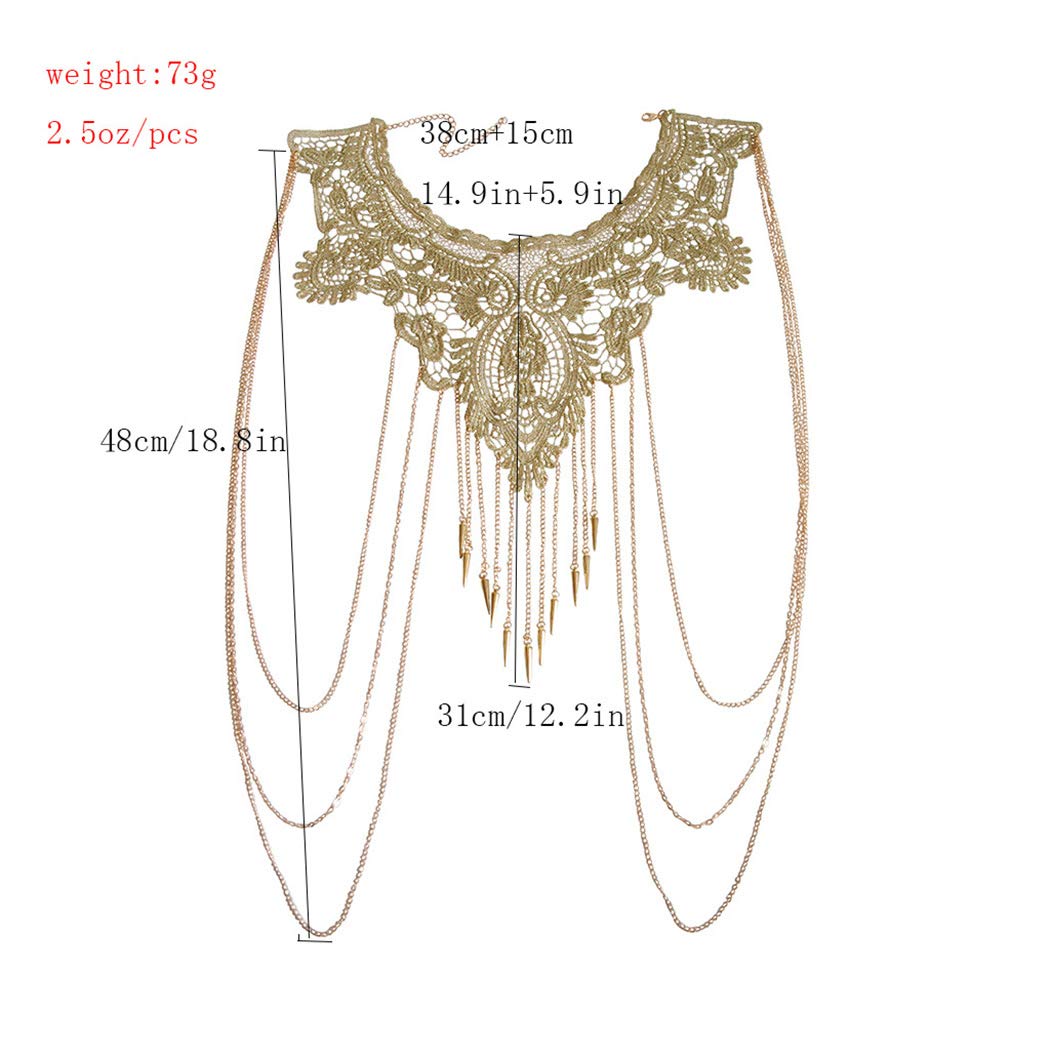 CanB Gold Body Chain Lace Harness Chest Chain Shoulder Necklace Rave Body Jewelry for Women and Girls (Style1)