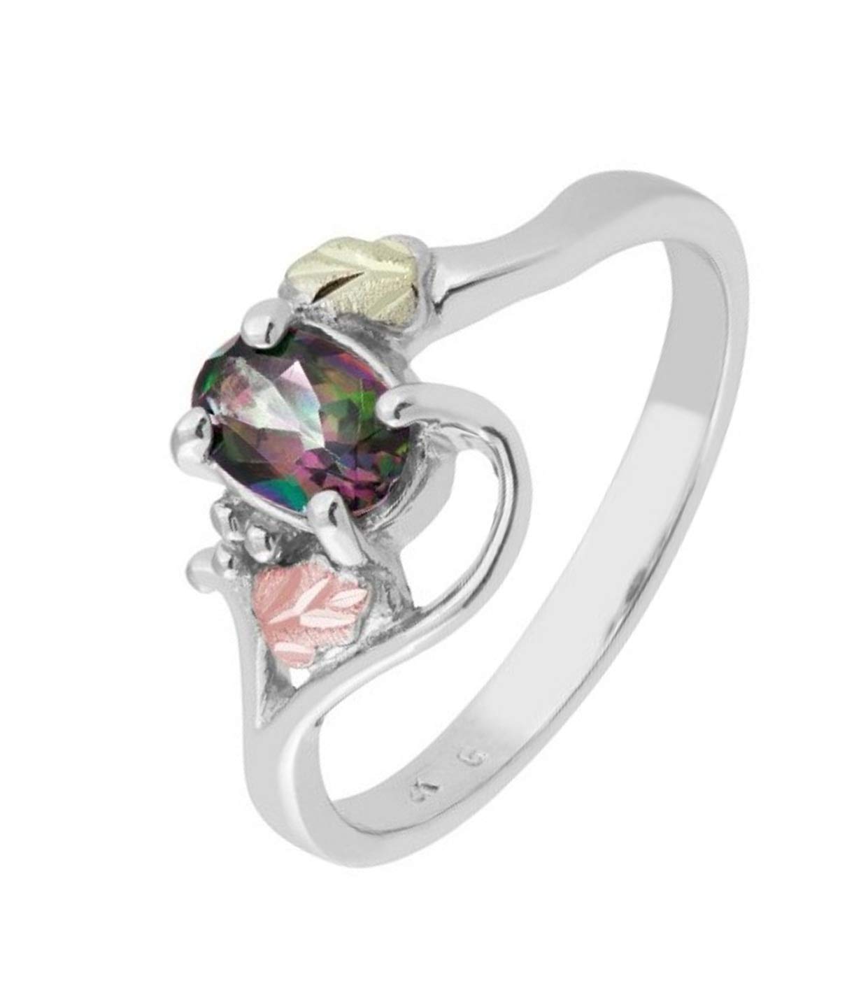 Rhodium-Plated Sterling Silver Small Oval Mystic Fire Topaz Ring, 12k Rose and Green Gold Black Hills Gold, Size 7.5