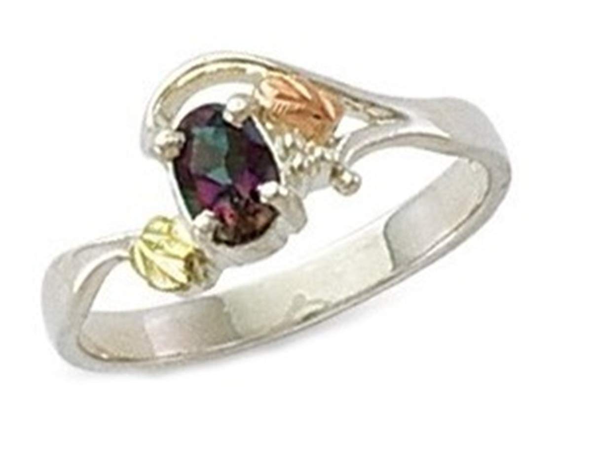 Rhodium-Plated Sterling Silver Small Oval Mystic Fire Topaz Ring, 12k Rose and Green Gold Black Hills Gold, Size 7.5