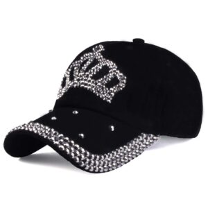 gudessly bling women baseball cap flower snapback rhinestone sun hats adjustable denim jeans hat (crown-black)