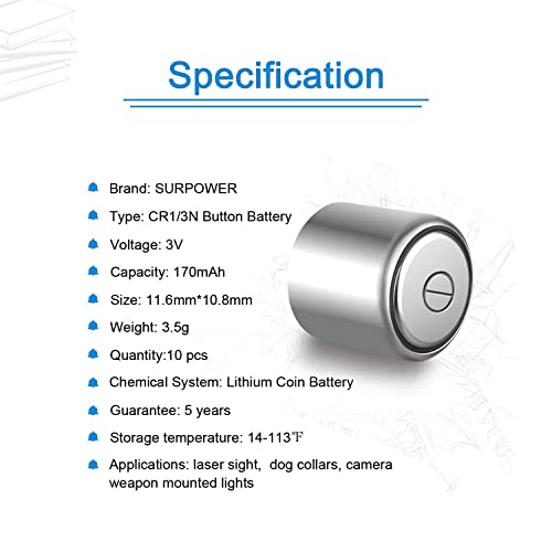 SURPOWER CR1/3N 3V Lithium Battery 10 Pack 【5-Year Warranty】