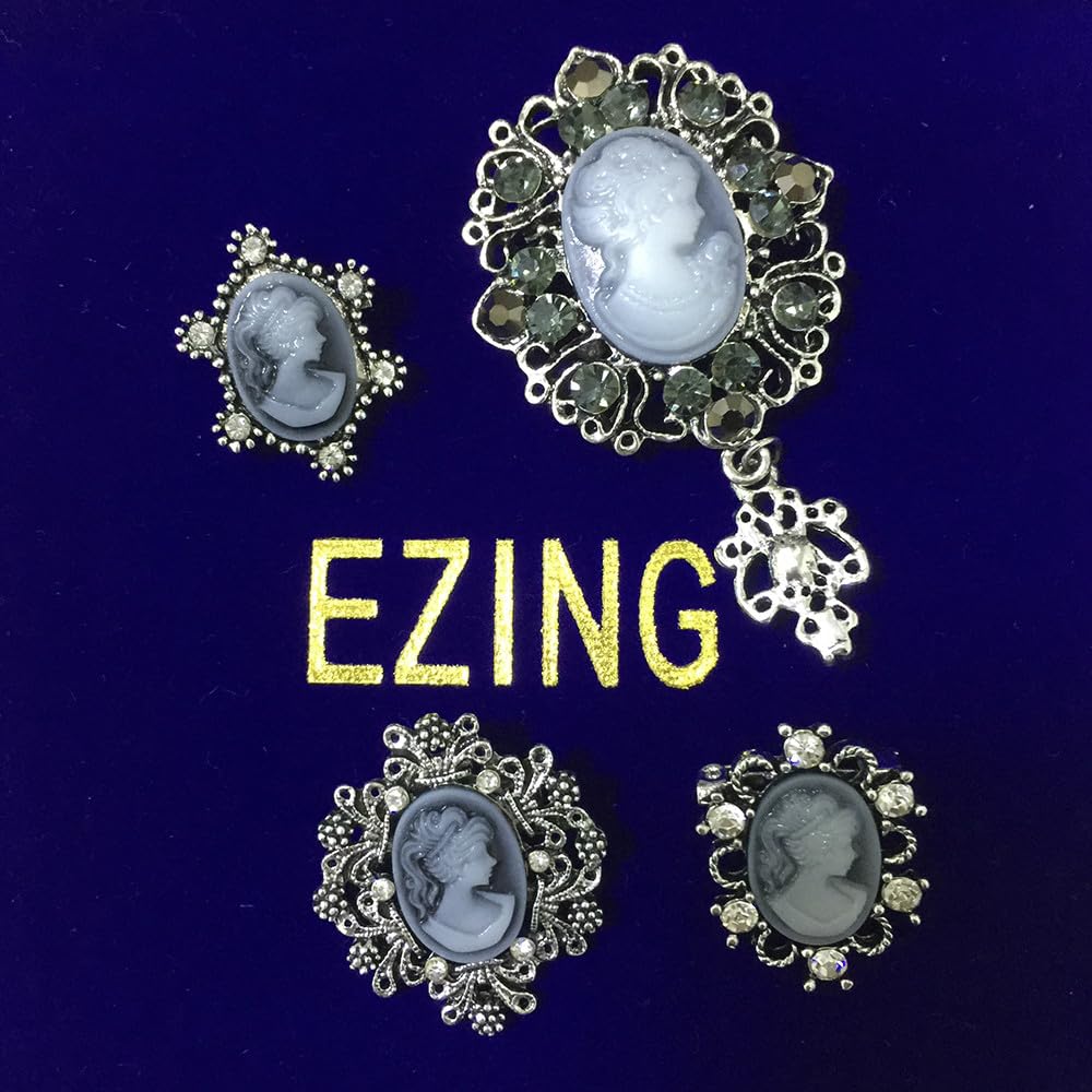 Ezing Vintage Princess Frame Crystal Cameo Brooches Pins Set for Women (C)