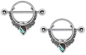 pierced owl stainless steel abalone teardrop ornate nipple shields, sold as pair