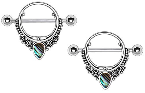 Pierced Owl Stainless Steel Abalone Teardrop Ornate Nipple Shields, Sold as Pair