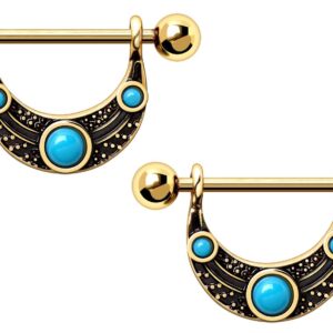 Pierced Owl Gold Plated Turquoise Beaded Tribal Nipple Barbells, Sold as Pair