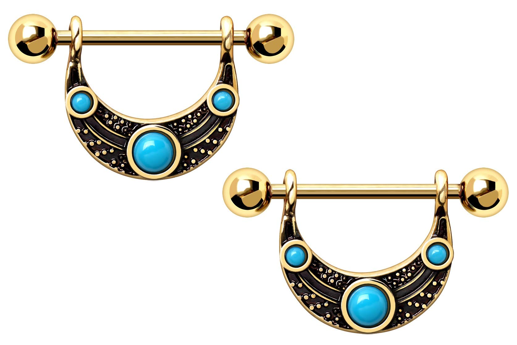 Pierced Owl Gold Plated Turquoise Beaded Tribal Nipple Barbells, Sold as Pair