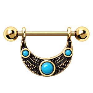 Pierced Owl Gold Plated Turquoise Beaded Tribal Nipple Barbells, Sold as Pair