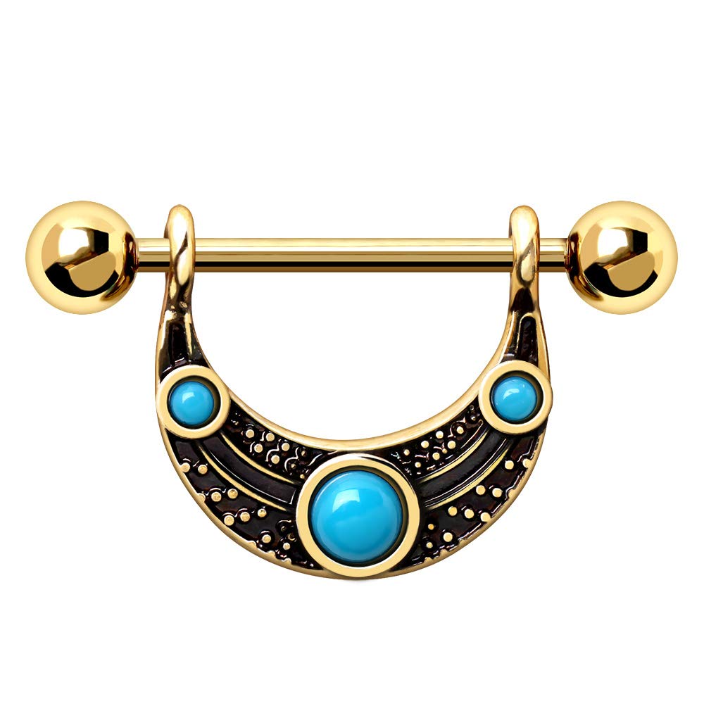 Pierced Owl Gold Plated Turquoise Beaded Tribal Nipple Barbells, Sold as Pair