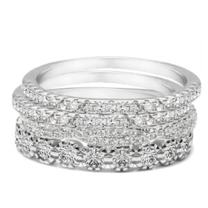 twobirch 18k white gold micro-plated 4 piece ring set with cubic zirconia stacking ring set (925 silver, sizes 7)