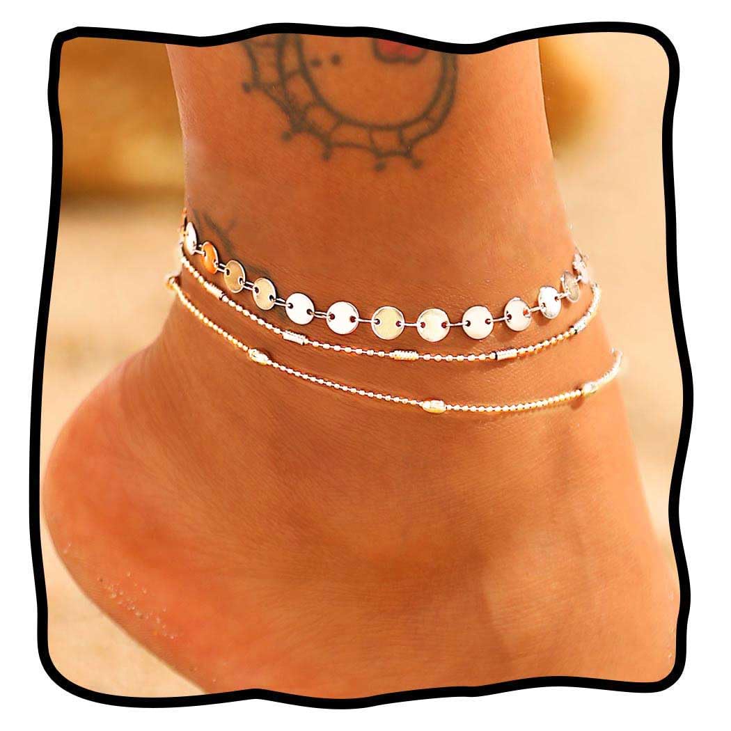 Jeweky Boho Layered Sequines Anklets Beads Foot Jewelry Chain Ankle Bracelets for Women and Girls (Gold)