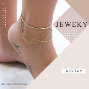 Jeweky Boho Layered Sequines Anklets Beads Foot Jewelry Chain Ankle Bracelets for Women and Girls (Gold)