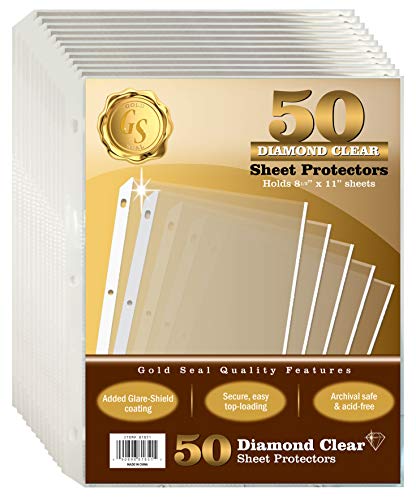 GOLD SEAL 50 Count Diamond Clear Sheet Protectors, Anti Glare Coating, Standard Durable Weight,8.5 x 11", Topload, 50 Pack