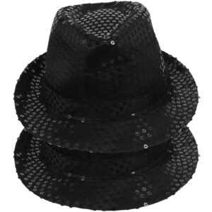 TENDYCOCO 2PCS Sequins Fedora Hat Stage Shining Hat Jazz Caps Hat for Adults Costume Performance Party(Black)