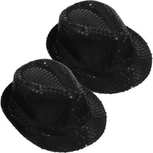 TENDYCOCO 2PCS Sequins Fedora Hat Stage Shining Hat Jazz Caps Hat for Adults Costume Performance Party(Black)