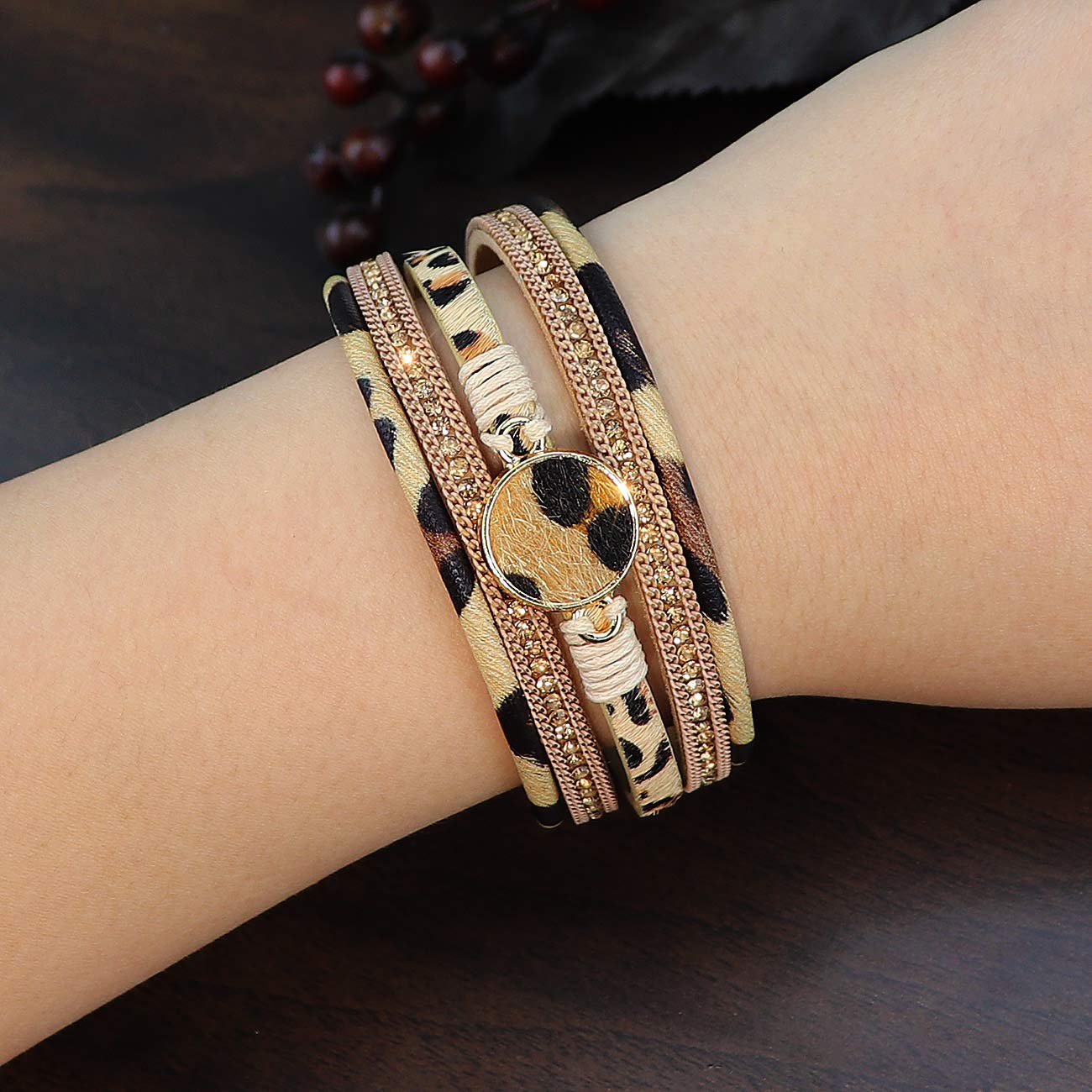 Wovanoo Leopard Leather Wrap Bracelets for Women Multilayer Cuff Bangle with Magnetic Buckle Gift for Birthday, Mother's Day, Valentine's Day Round Buckle