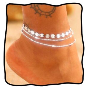 oem jeweky boho layered sequin anklets bracelets silver beaded foot chain jewelry for women