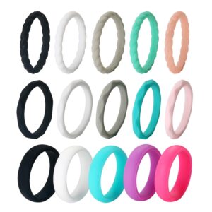 Silicone Wedding Ring for Women,15-Packs Thin and Stackable Braided Rubber Wedding Bands, Colorful Comfortable Fit Rings Set, Size 7